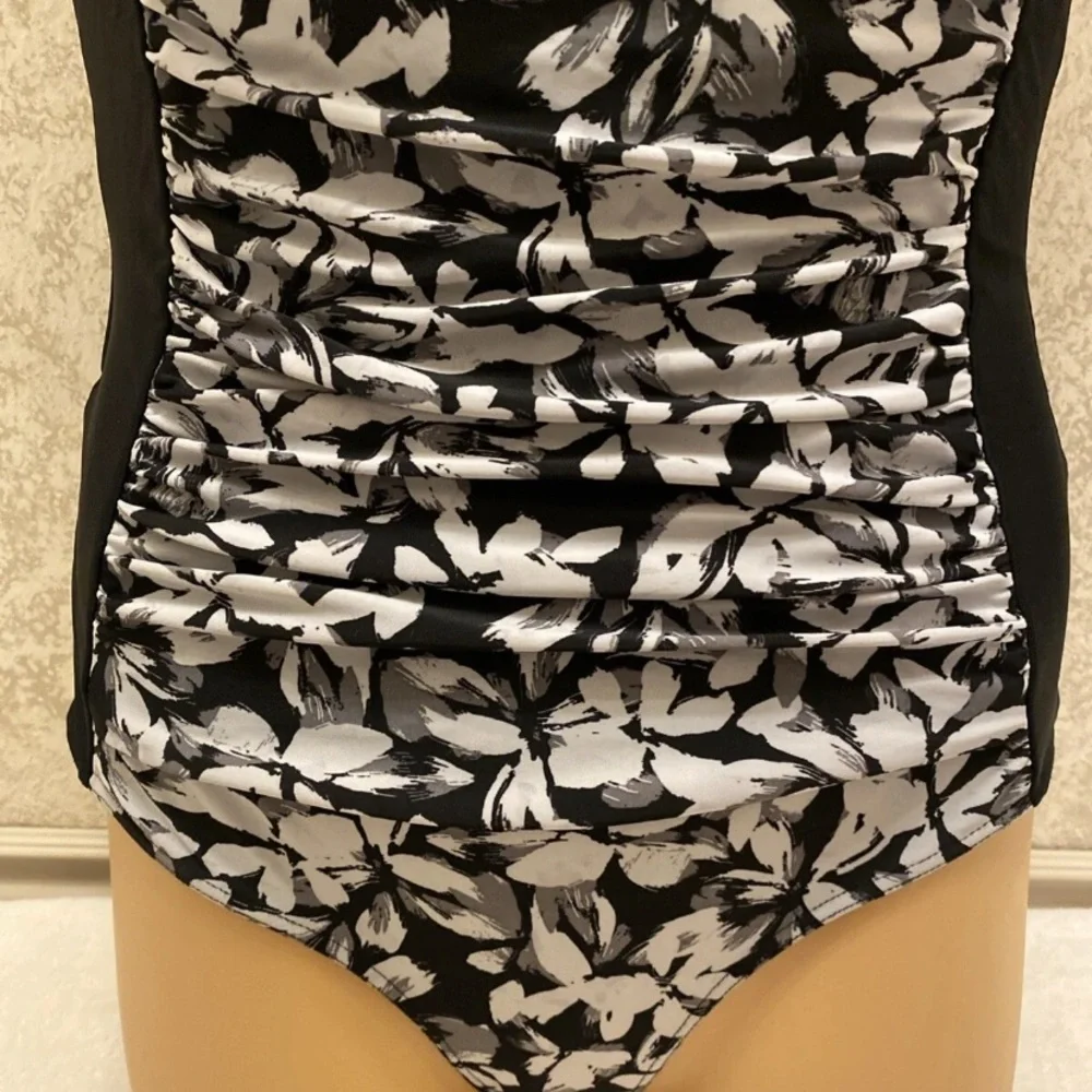 Elegant Black and White and Gray Floral Women's One-Piece Swimsuit